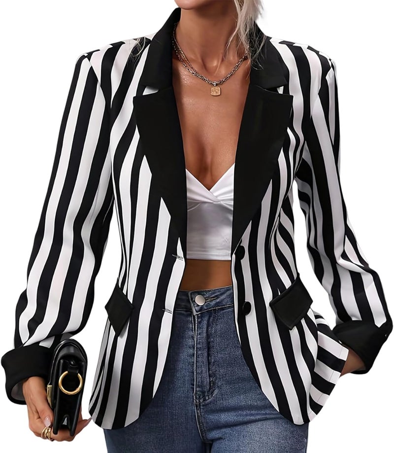 OBEEII Womens Black and White Striped Blazer Long Sleeve Single-Breasted Button Vertical Striped Blazer Office Work Jacket - Image 1
